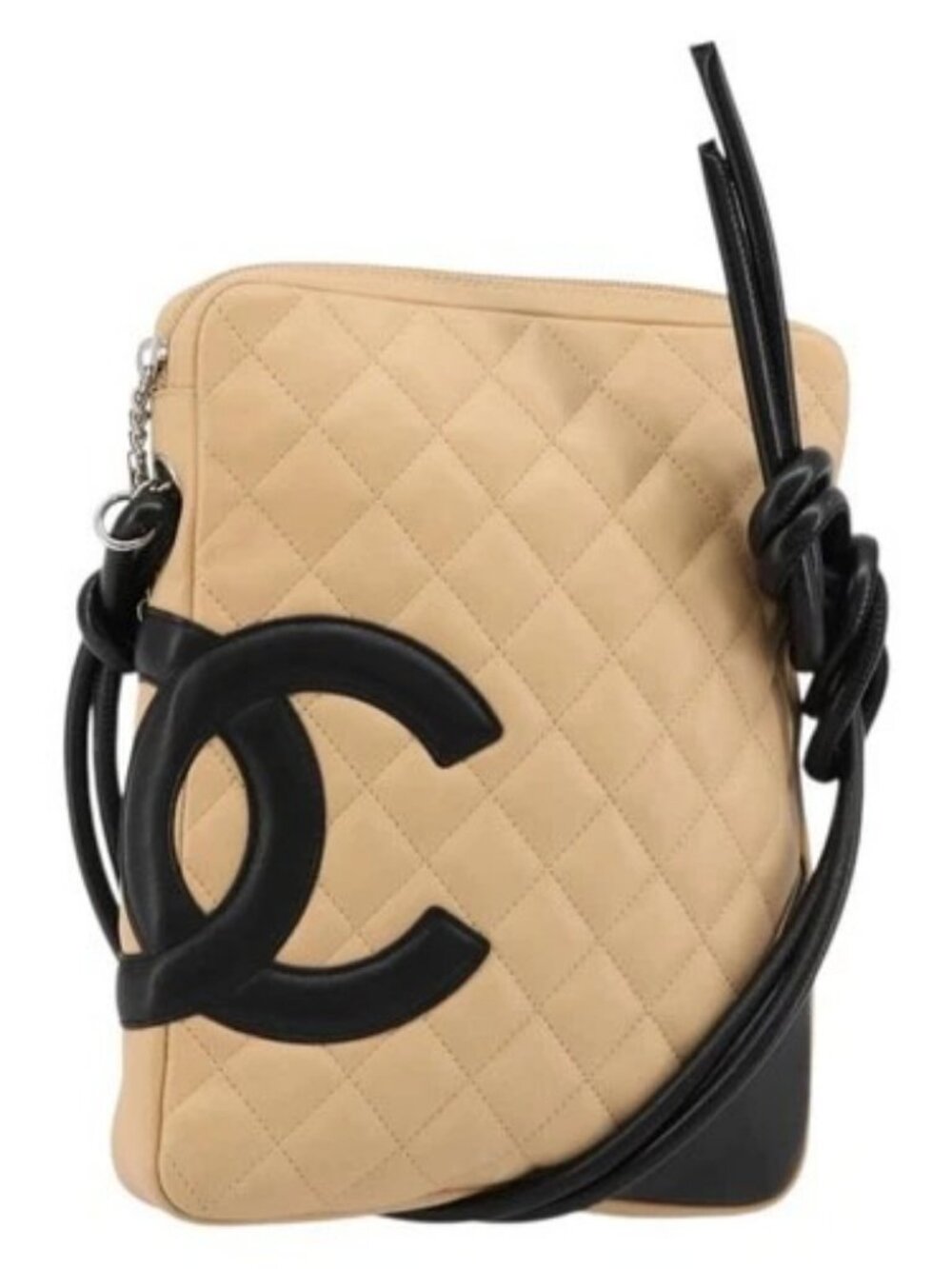 CHANEL Matelasse Cambon Line Shoulder Bag Leather Beige Silver CC Auth 183625M